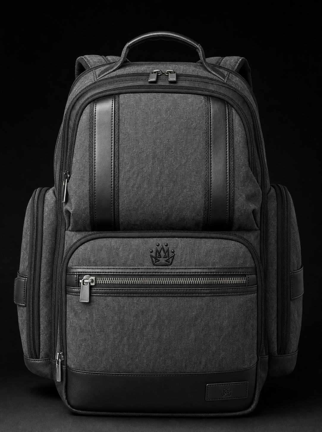 Grant Backpack — heather grey canvas with tonal crown emblem — front view