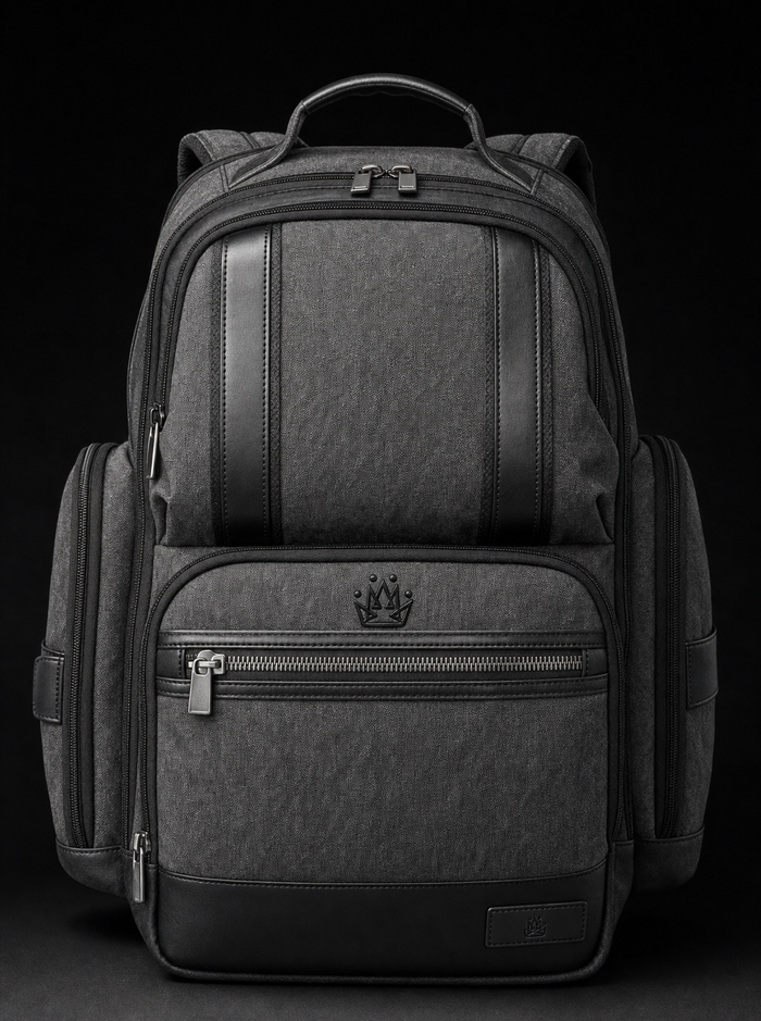 Grant Backpack — heather grey canvas with tonal crown emblem — front view