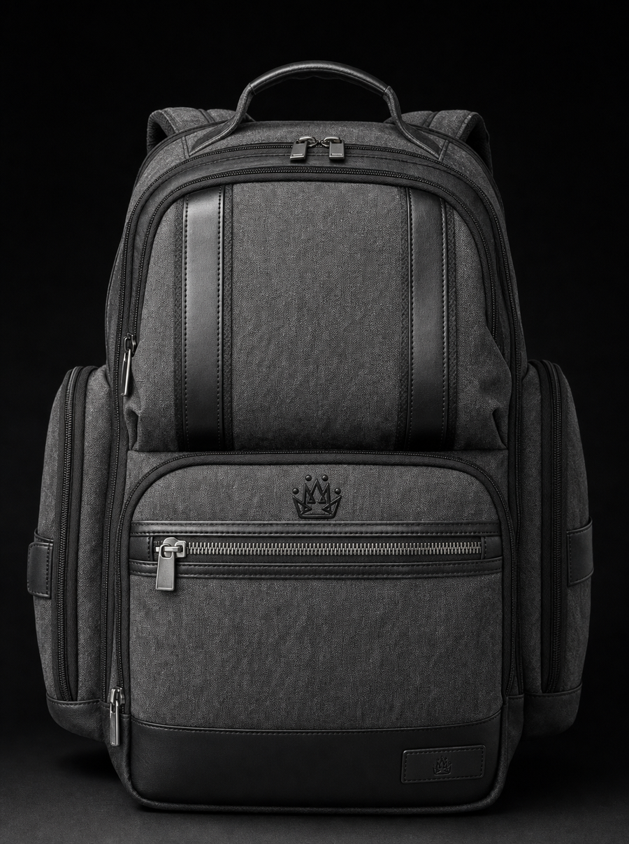 Grant Backpack — heather grey canvas with tonal crown emblem — front view