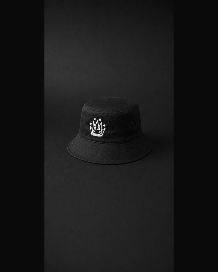 Originals CA matte black bucket hat with embroidered crown, studio product shot