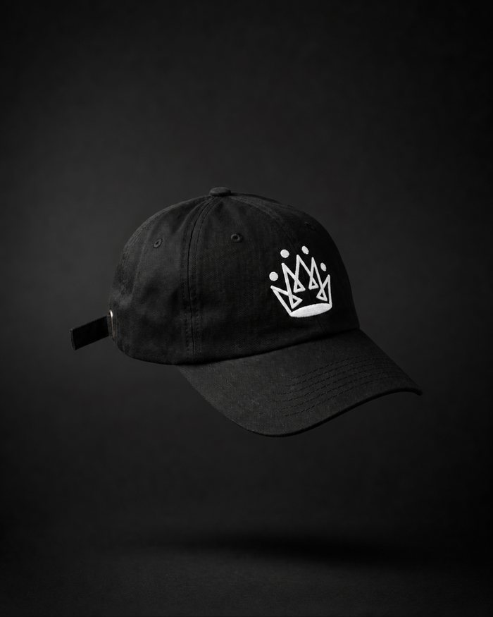 Originals CA matte black dad hat with embroidered crown, studio product shot