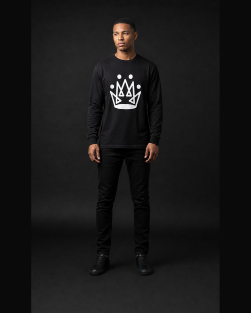 Model wearing Originals CA black long sleeve tee with crown emblem, studio portrait