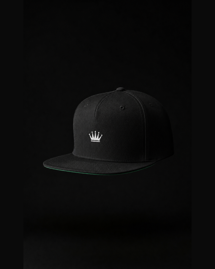 Originals CA matte black snapback hat with embroidered crown, studio product shot