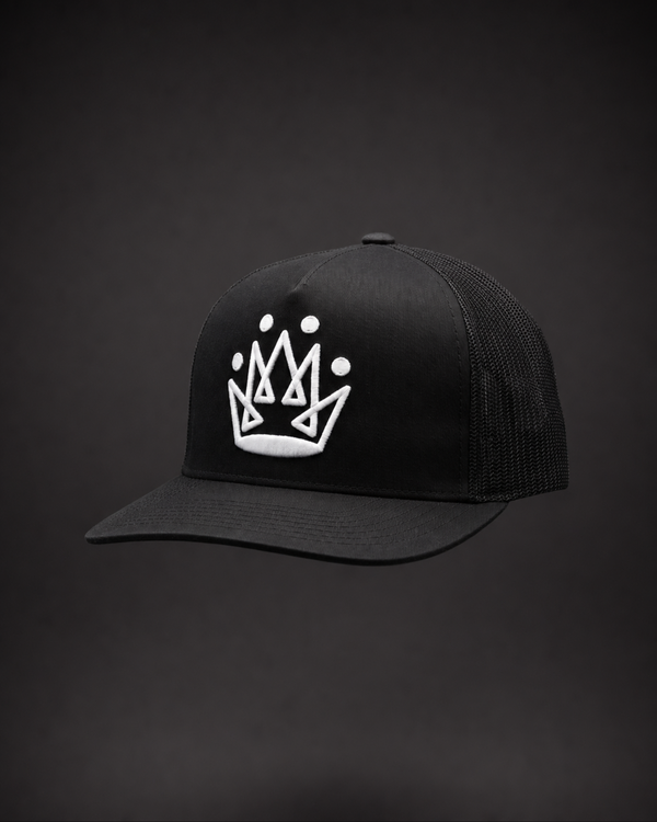 Originals CA matte black trucker hat with embroidered crown, studio product shot