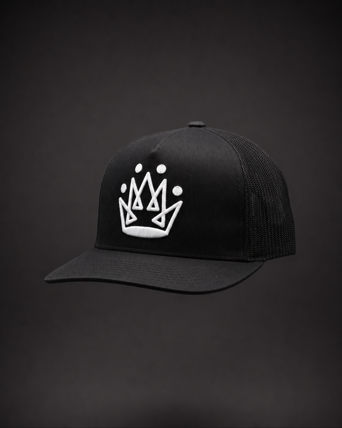 Originals CA matte black trucker hat with embroidered crown, studio product shot