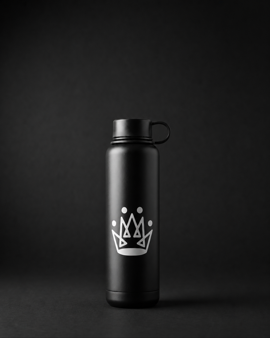 Originals CA matte black insulated water bottle with crown, studio product shot