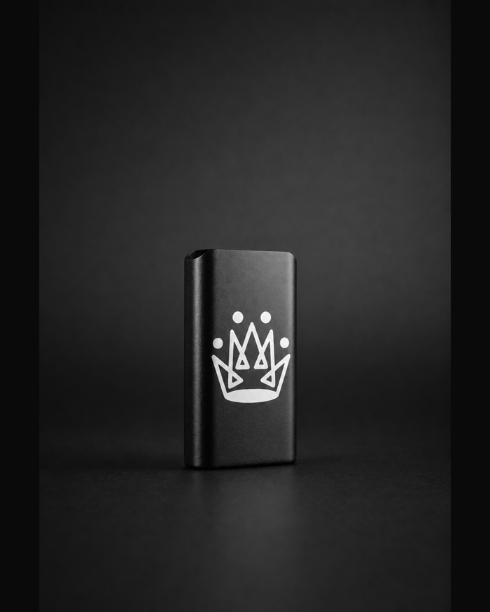 Originals CA matte black leather lighter case with crown, studio product shot