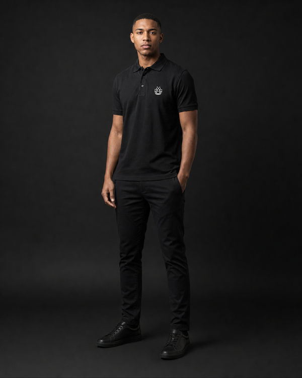 Model wearing Originals CA matte black polo shirt with crown emblem, studio portrait