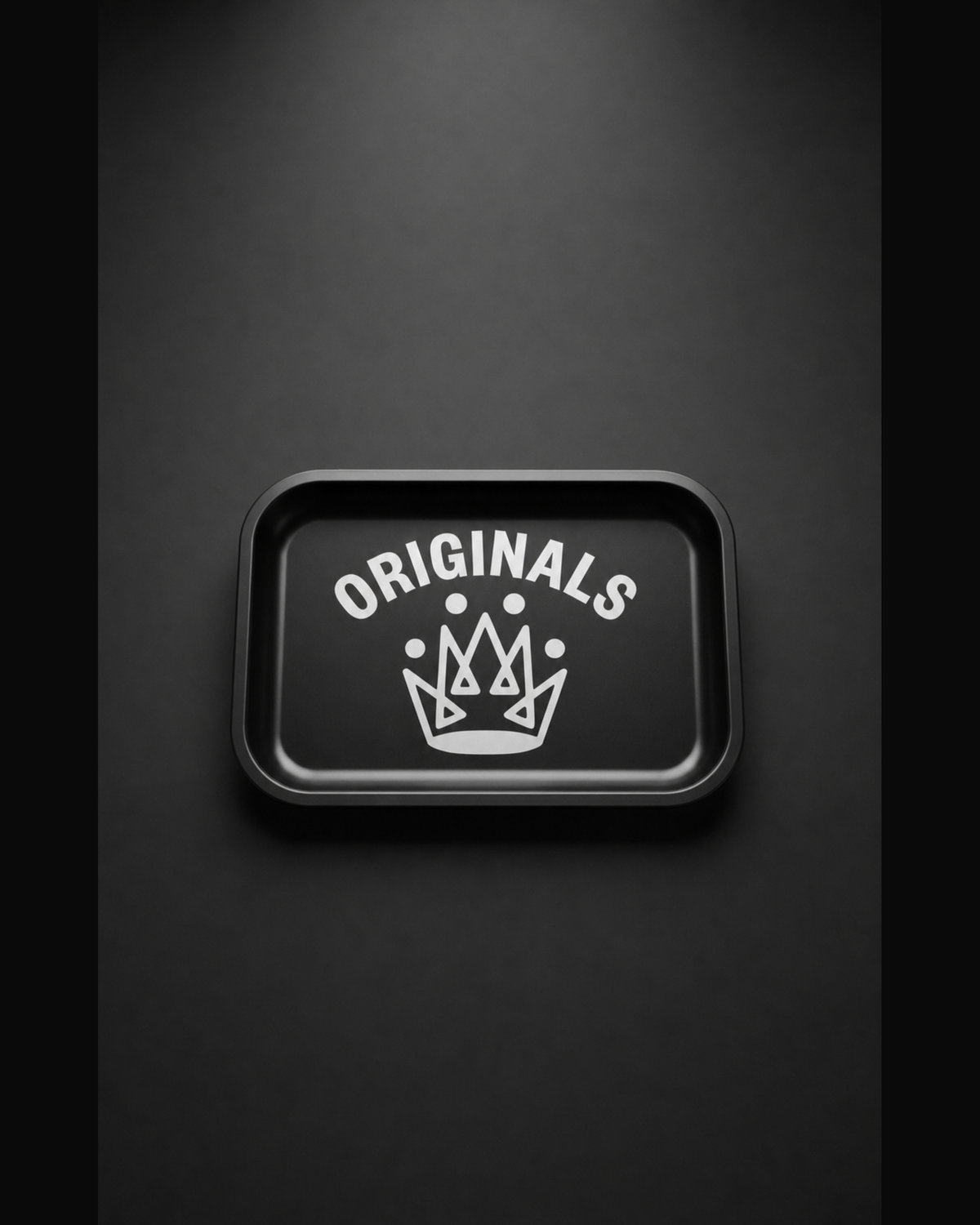 Originals CA matte black metal rolling tray with crown, studio product shot