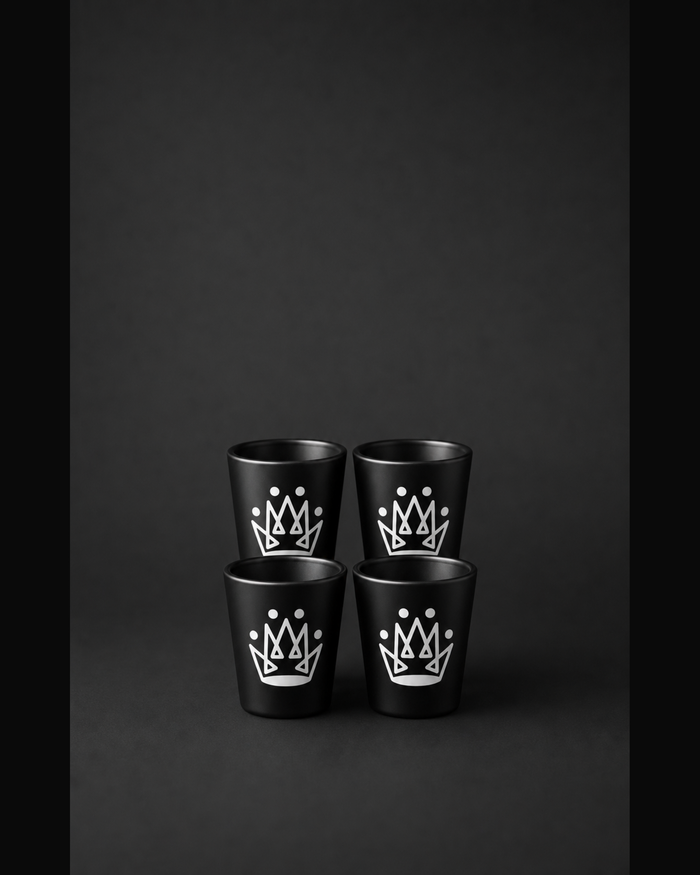 Originals CA matte black shot glass set with crown, studio product shot