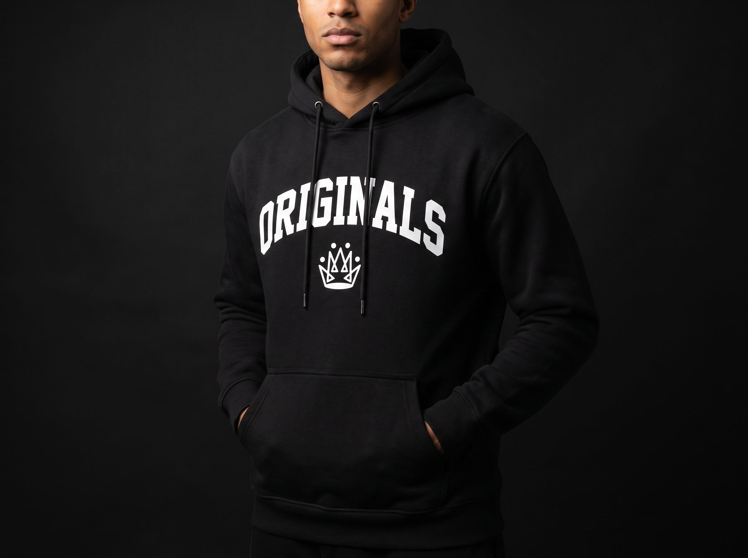 Model wearing Originals matte-black pullover hoodie with large white ORIGINALS crown across chest