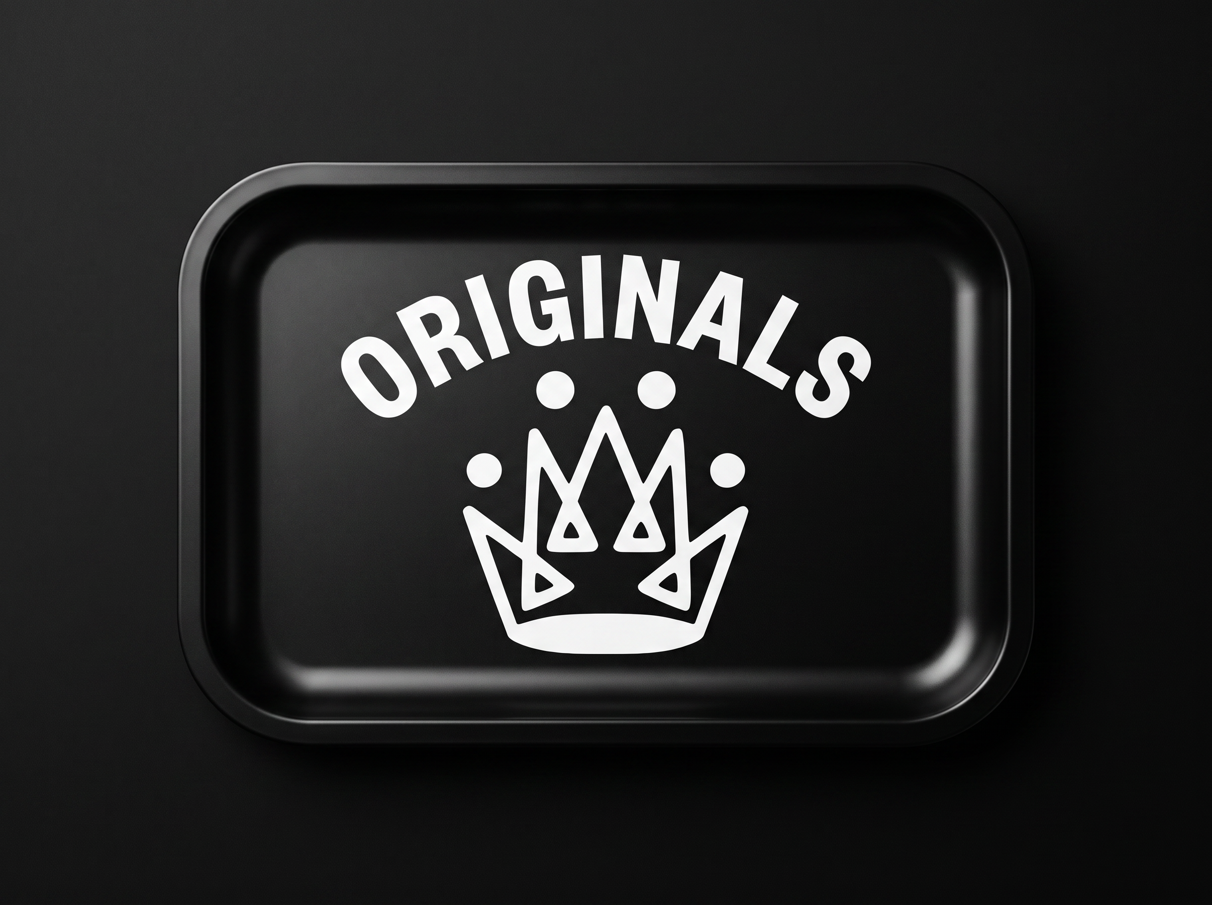 Originals matte-black rolling tray with white crown printed corner