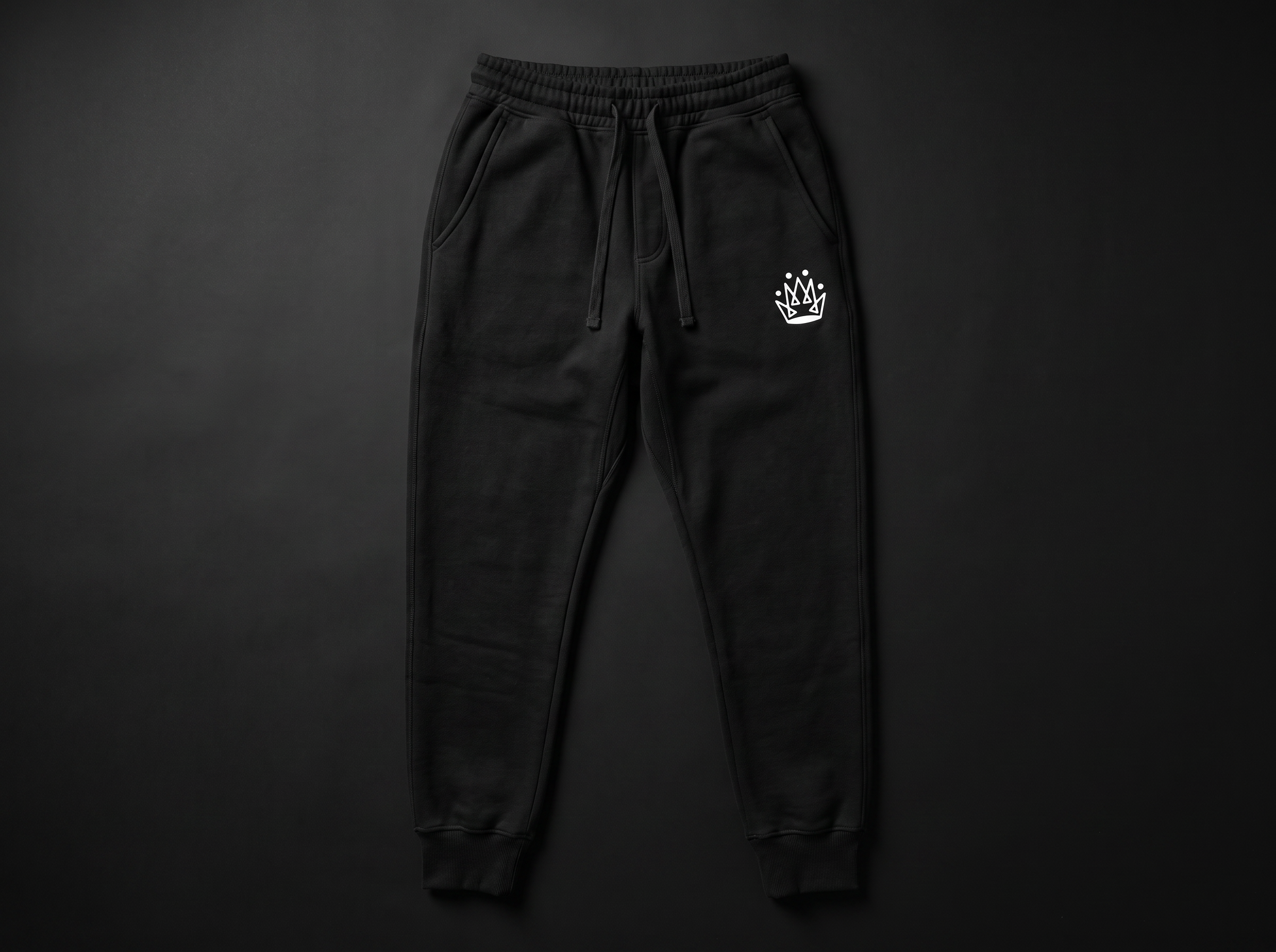 Model wearing Originals matte-black sweatpants with small white crown at hip