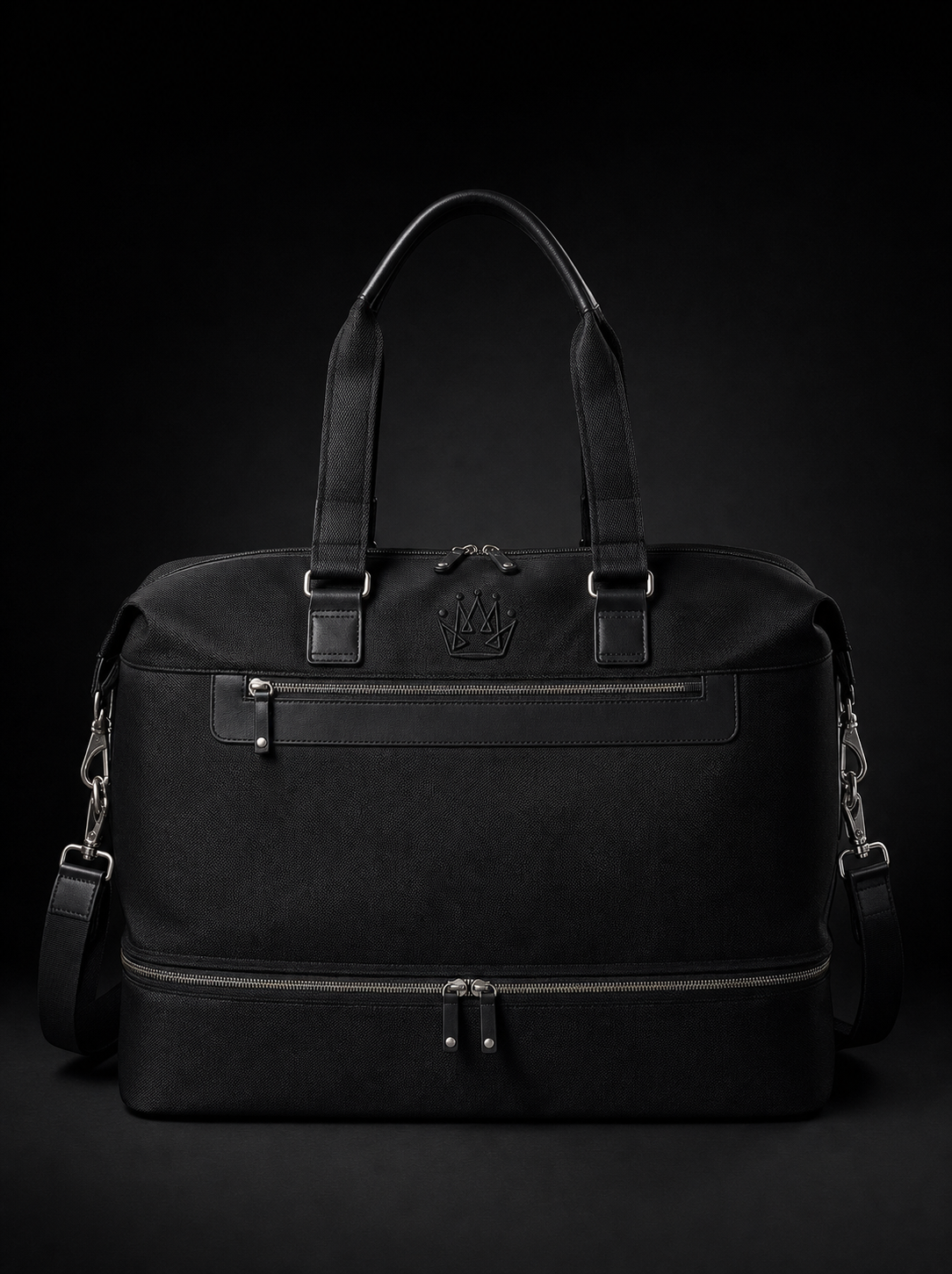 Oxford Weekender — black canvas with tonal crown embroidery — front view