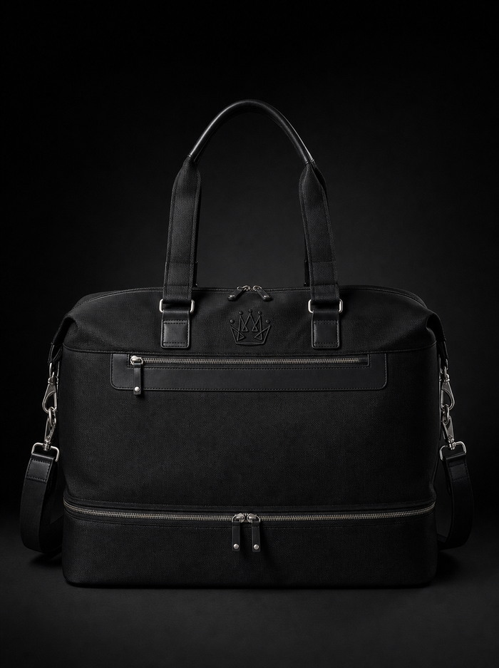 Oxford Weekender — black canvas with tonal crown embroidery — front view