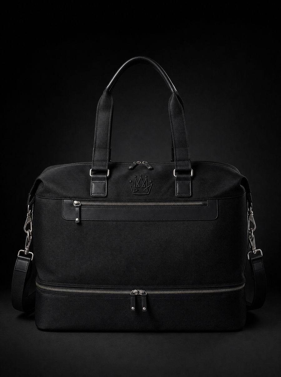 Oxford Weekender — black canvas with tonal crown embroidery — front view