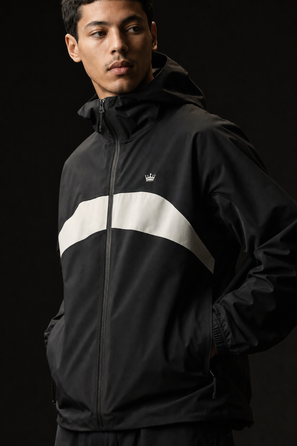 Model wearing Originals ultra performance jacket with white color-block