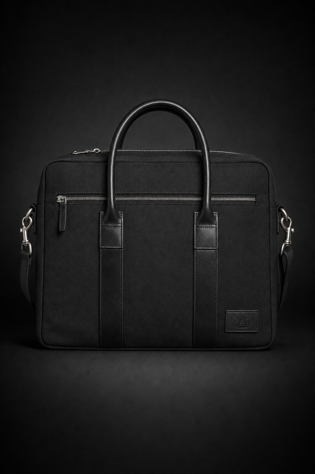 Wells Briefcase — Black canvas with crown emblem — front view