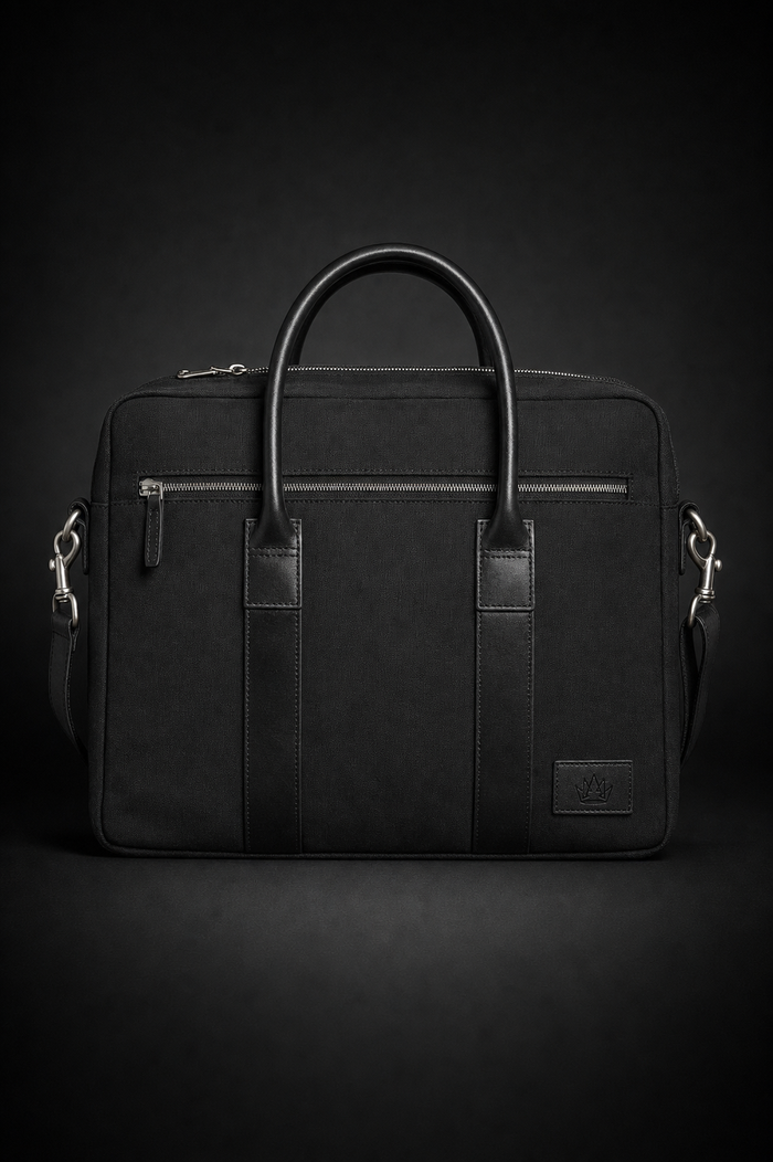 Wells Briefcase — Black canvas with crown emblem — front view