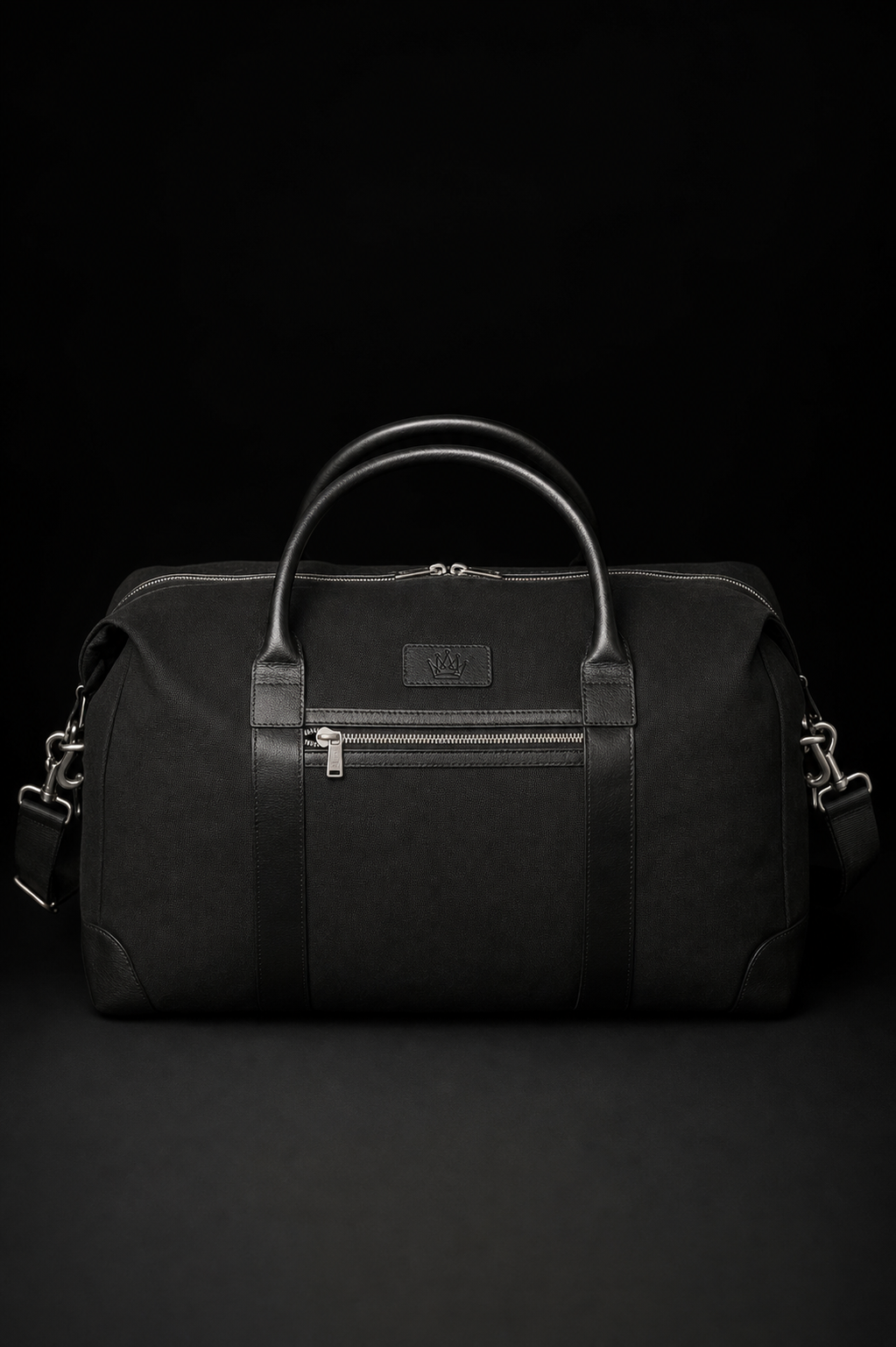 Wells Duffel — Black canvas with crown emblem — front view